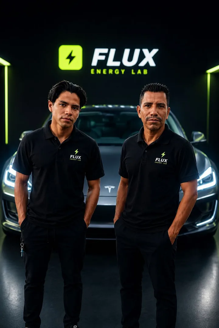 Equipo de FLUX Energy Lab con uniforme de la marca frente a un auto eléctrico, Mérida